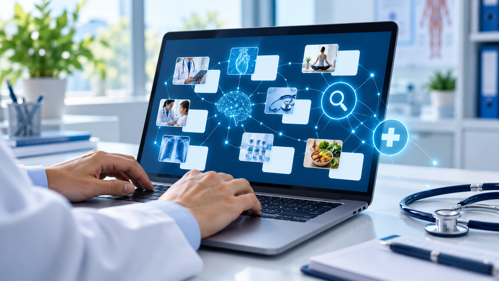 Doctor using a laptop connected to a network of AI-organized healthcare content, symbolizing an AI-ready SEO content system for medical practices