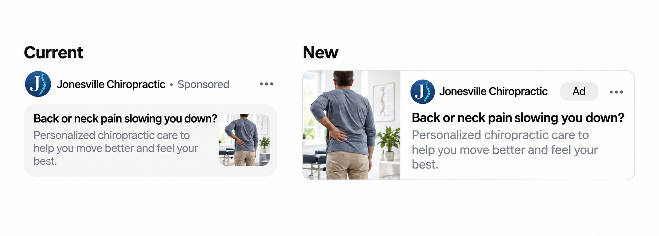 Example of how a chiropractic advertisement could appear in current and updated sponsored-ad formats.