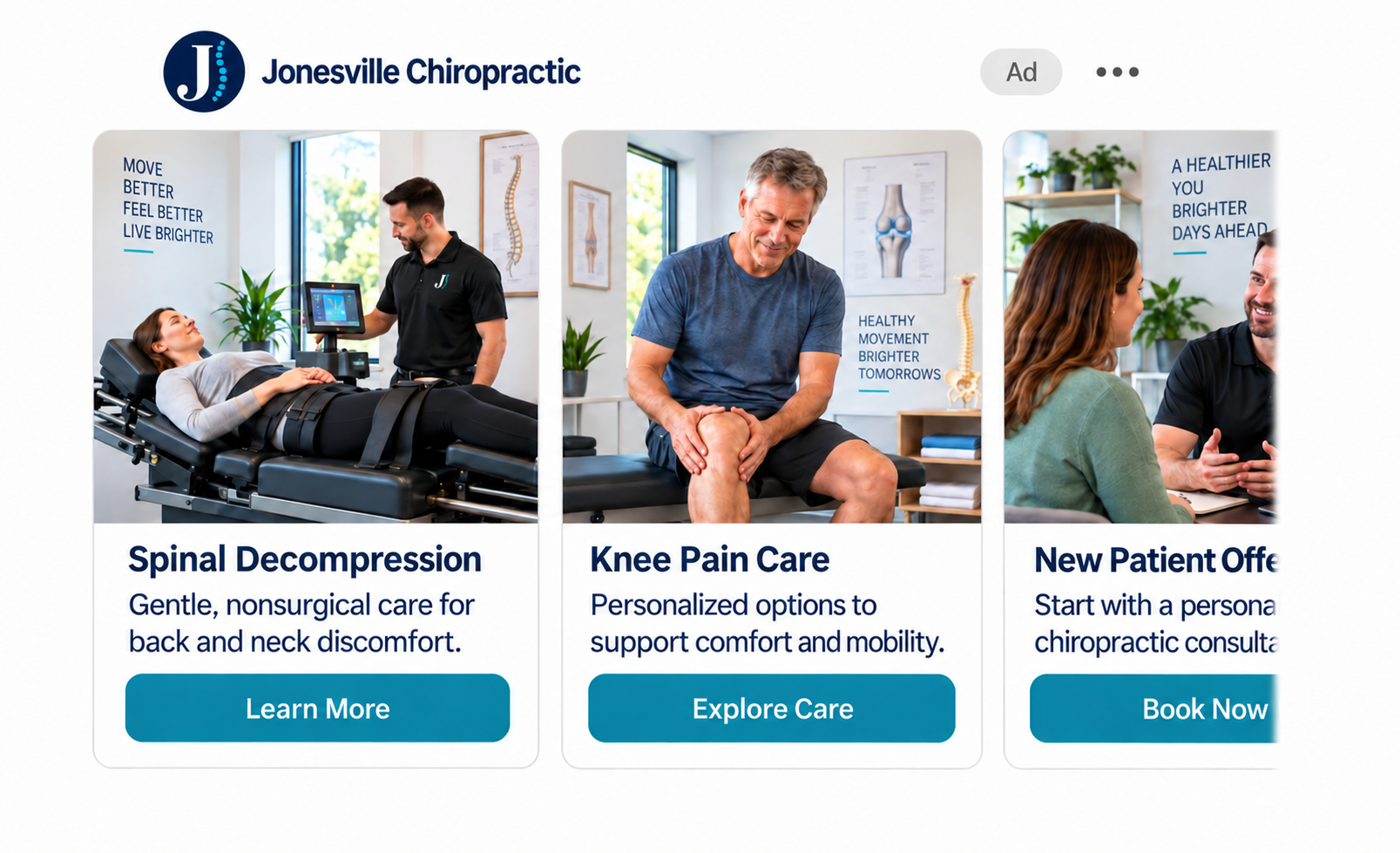 A carousel can highlight multiple services while the partially visible final card encourages the user to continue scrolling.