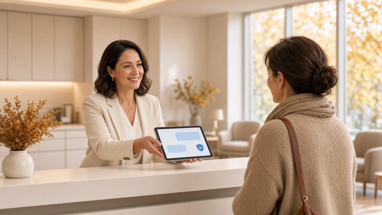 Clinic receptionist handing a tablet with a secure chat screen to a patient at the front desk, representing a HIPAA-safe AI chatbot handoff