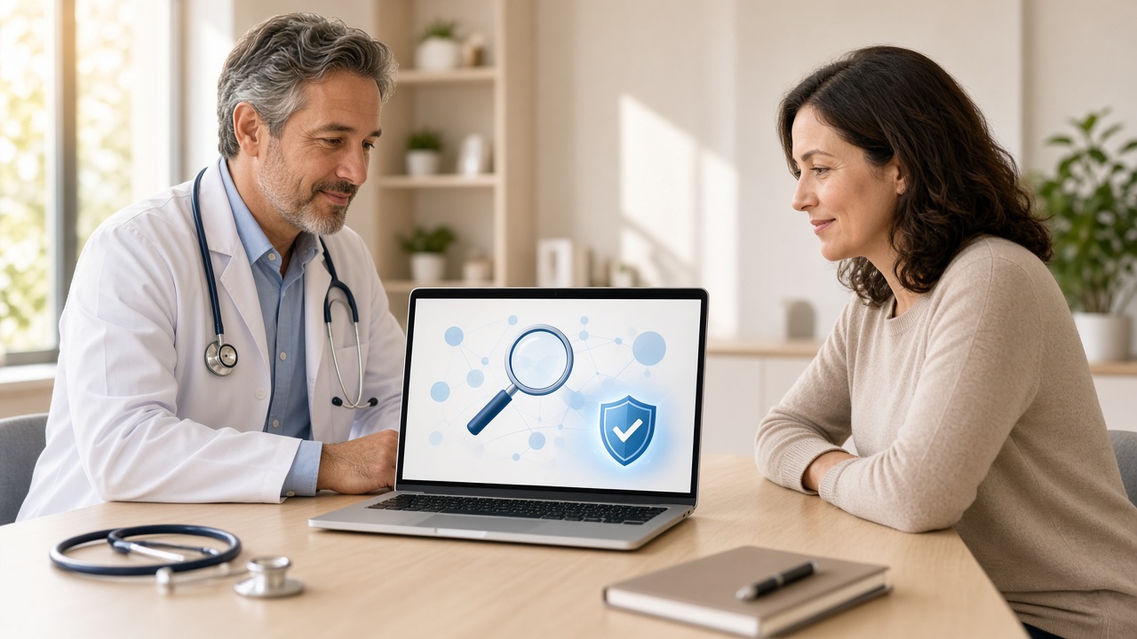 Physician and patient reviewing a laptop that shows a search icon and a trust shield, representing AI-powered SEO that protects patient trust